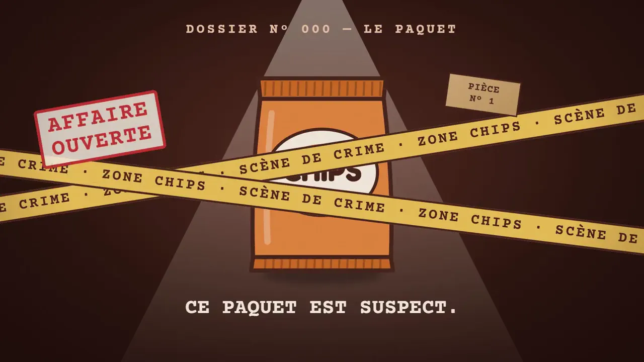 Un paquet de chips sous un projecteur, barré de rubans « Scène de crime », avec le tampon « Affaire ouverte »