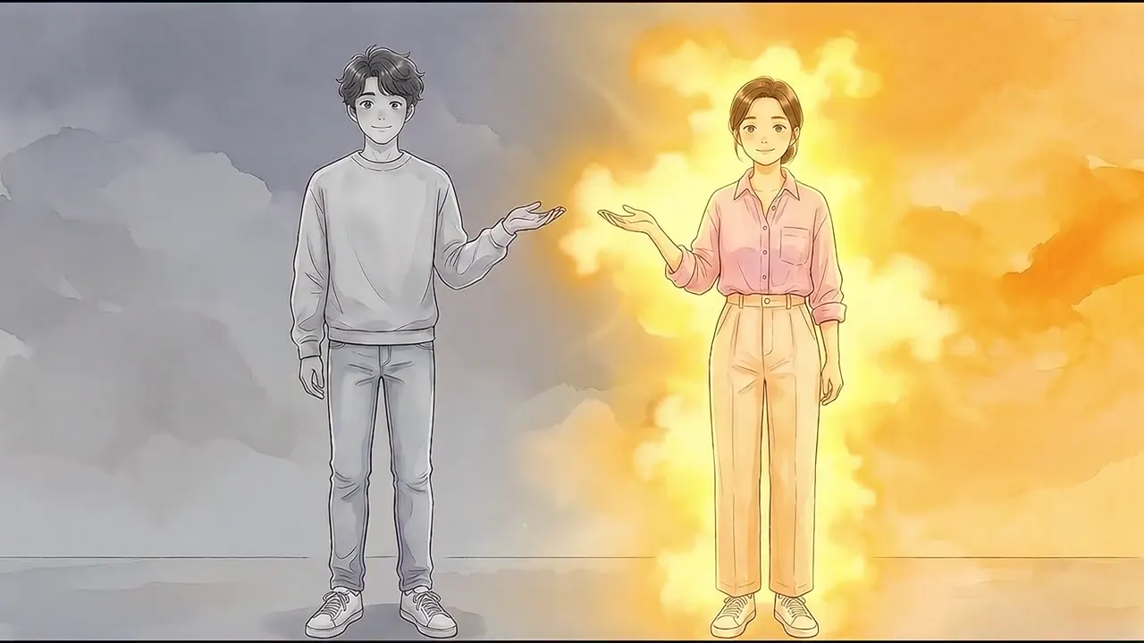 Illustration à l'aquarelle : un jeune homme en gris et une jeune femme baignée de lumière dorée se font face